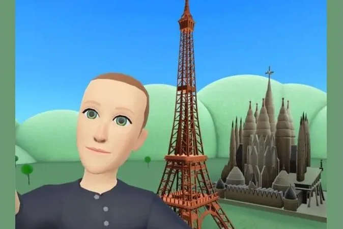 Mark Zuckerberg's Horizon Worlds avatar selfie in front of crude renders of the Eiffel Tower and the Sagrada Familia